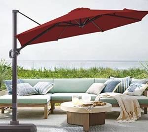 lot 59536 image: LE CONTE Grenoble 10 ft. Cantilever Umbrella with 360 Degree Rotation  Outdoor Aluminum Offset Patio Umbrella Market Hanging Umbrellas  Solution Dyed Fabric, Infinite Tilting and Cross Base (Burgundy)