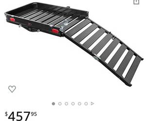 lot 59542 image: CURT 18112 50 x 30-12-Inch Black Aluminum Hitch Cargo Carrier with Ramp, 2-in Folding Shank