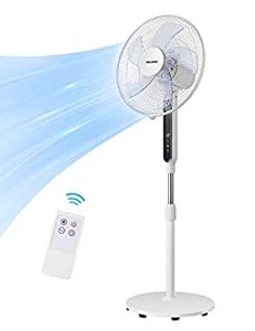 lot 5111 image: PELONIS 16 Oscillating Pedestal Stand Up Fan  Adjustable Height  Ultra Quiet DC Motor  Remote Control  12 Speed  12-Hour Timer  High Energy Efficiency  for Bedroom Home Office Use  White (B07SFJF3P4)