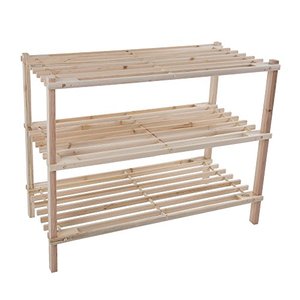 lot 5120 image: Wood Shoe Rack, Storage Bench  Closet, Bathroom, Kitchen, Entry Organizer, 3-Tier Space Saver Shoe Rack by Lavish Home,Light Woodgrain