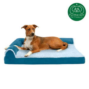 lot 5121 image: FurHaven Dog Bed & Deluxe Orthopedic Faux Fur & Suede L-Shaped Chaise Couch Pet Bed for Dogs & Cats Marine Blue Jumbo