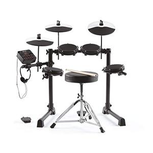 lot 5137 image: Alesis Drums Debut Kit  Kids Drum Set With 4 Quiet Mesh Electric Drum Pads, 120 Sounds, Drum Stool, Drum Sticks, Headphones and 60 Melodics Lessons