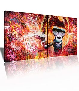 lot 5147 image: Large Framed Funny Banksy Graffiti Animal Monkey Gorilla Canvas Wall Art Cool Red Monkey Poster Prints Picture for Living Room Bedroom Office Bar Gym Man Room Wall Decor