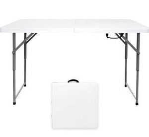 lot 5156 image: Go-Trio Folding Tables 4 Foot Lightweight, Foldable Table Adjustable Height, Bi-Fold Utility Table Indoor Outdoor, Portable Plastic Picnic Party Dining Camping Tables, Fold in Half Table, White