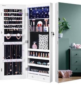 lot 5254 image: Nicetree 8 LEDs Mirror Jewelry Cabinet, Jewelry Armoire Organizer with Full Screen Mirror, WallDoor Mounted, Full Length Mirror (White)