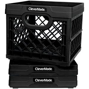 lot 5264 image: CleverMade - Collapsible Milk Crates, 25L Plastic Stackable Storage Bins CleverCrates Utility Folding Baskets, Pack of 3, Black