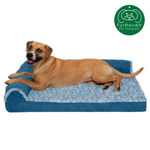 lot 6011 image: FurHaven Dog Bed & Deluxe Orthopedic Faux Fur & Suede L-Shaped Chaise Couch Pet Bed for Dogs & Cats Marine Blue Large