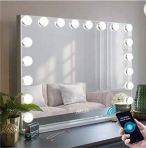 lot 6014 image: MISAVANITY Bluetooth Hollywood Vanity Mirror with Lights, 27.6x22.9in Large Lighted Makeup Vanity Mirror with 10X Magnification for Tabletop 18 LED Bulbs and USB Charging Port White
