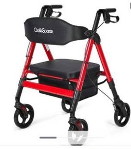 lot 6044 image: OasisSpace Heavy Duty Rollator Walker - Bariatric Rollator Walker with Large Seat for Seniors Support up to 500 lbs (Red)