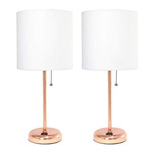 lot 2495 image: Limelights LC2001-RGD-2PK Stick Charging Outlet Fabric Shade 2 Pack Table Lamp Set, Rose GoldWhite, 2 Count