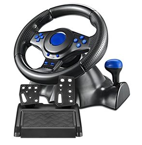 lot 2498 image: Racing Steering Wheel with PedalsPaddles Shifter and Vibration Racing Steering Wheel (Blue)