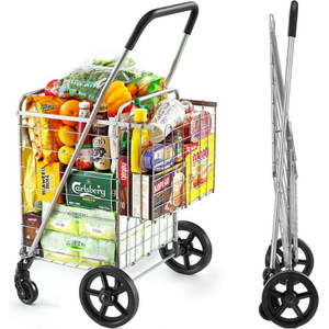 lot 2513 image: Wellmax Shopping cart with Wheels, Metal Grocery Cart with Wheels, Shopping Carts for Groceries, Folding Cart for Convenient Storage and Holds Up to 66lbs, Dual Swivel Wheels and Extra Basket, Silver