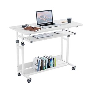 lot 2576 image: Dripex Rolling Desk 31.5  Adjustable Computer Desk Home Office Computer Workstation Mobile Table Laptop Cart with Locking Wheels Keyboard Tray, Portable Small Standing Desk for Sofa Bed, White