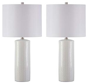 lot 2579 image: Signature Design by Ashley Steuben Textured Ceramic Table Lamp, Set of 2 Lamps, 25, Solid White