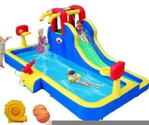 lot 2483 image: WELLFUNTIME Inflatable Water Park with Blower, Slide with Water Cannon and Double Basketball Rings