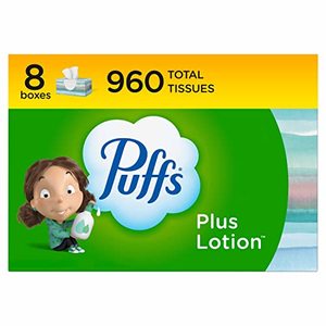 lot 2487 image: Puffs Plus Lotion Facial Tissue, 8 Family Boxes, 124 Facial Tissues per Box