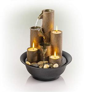 lot 2627 image: Alpine Corporation Tiered Column Tabletop Fountain with 3 Candles, Mini Waterfall for Indoor Spaces, Relaxation Water Feature, 11 Tall, Brown