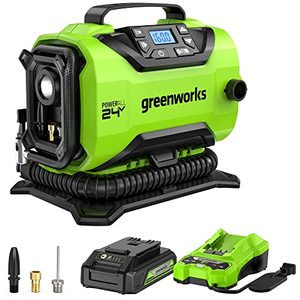 lot 2663 image: Greenworks 24V Portable Air Compressor - Cordless Tire Inflator, MAX 160 PSI, 2 Power Sources, Auto Shut Off, for Car, Bicycle, Motocycle, Air Boat, Inflatables, with 2AH battery2A charger