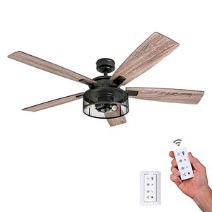 lot 2674 image: Honeywell Ceiling Fans 50614-01 Carnegie LED Ceiling Fan 52, Indoor, Rustic Barnwood Blades, Industrial Cage Light, Matte Black