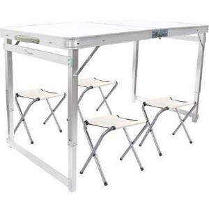 lot 2715 image: FrenzyBird Folding Picnic Table with 4 Stools, Aluminum Table Oxford Mat Chair Set for up to 4 Persons, Portable Lightweight and Heights Adjustable for Outdoor Camping Dining BBQ Party