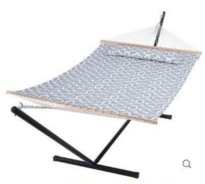 lot 2752 image: Large Double Quilted Fabric Hammock with 12 Ft Stand, Bars and Pillow SUNCREAT