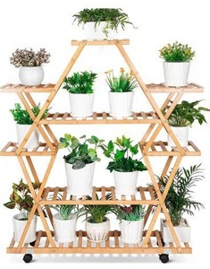 lot 2756 image: ROSSNY Plant Stand, Large Capacity Bamboo Plant Stand 8 Tier Tall Plant Stand Multiple Plant Shelves Steady Flower Stand Plant Stands for Indoor Plants with Detachable Wheels for Patio Porch Balcony