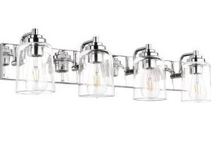 lot 2824 image: SOLFART Vintage Chrome Bathroom Vanity Light Fixtures Over Mirror Gloss Chrome Crystal Glass Globe 4 Lights exclude Bulbs(32 inch)