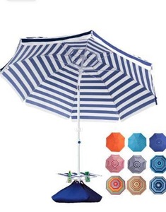 lot 2852 image: ROWHY 8.5FT Beach Umbrella with Cup Holder and Sand Bags Portable Outdoor Heavy Duty Sunshade Umbrella with Sand Anchor & Tilt System, Wind Resistant for Sand, Beach,Patio,Yard, Navy-White Stripe