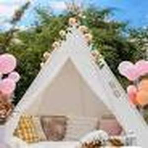 lot 2835 image: Teepee Tent for Adults & Kids 87 H- 5 Poles-with Lights String& Soft Mat & Carry Bag, Off-White Cotton Canvas Beach Tent for Wedding, Party, Country-Chic Design- Indoor Outdoor Dcor, Patio Dcor