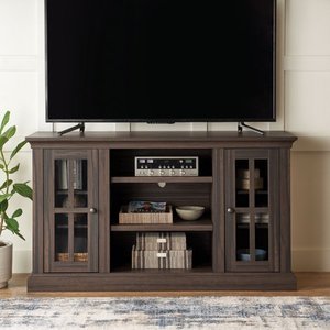 lot 45229 image: Better Homes and Gardens Canton Media Console, Fits most 70in. flat panel TVs, Tobacco Oak Finish