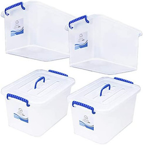 lot 32007 image: Plastic Storage Bins with Lids and Handle - for Shoes Toys Legos Tools Pantry Kitchen Closet Bathroom Organization - Stackable Small Tote Box Containers - Semi Clear White, 16 Quart Set of 4