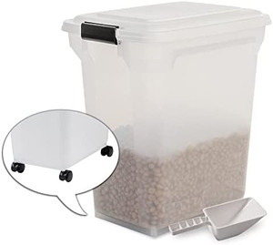 lot 32028 image: Iris Ohyama, Pet Food Storage Container 45 L for 15 kg, Flip-Up Lid, Airtight, Transparent, Shovel and Wheels, for Dog and Cat Food - Air Tight Food Container ATS-L - White