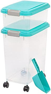 lot 45929 image: IRIS USA 3-Piece Airtight Pet Food Storage Container Combo with Scoop and Treat Box for Pet, Dog, Cat, and Bird Food, Sea Foam Blue, 500089