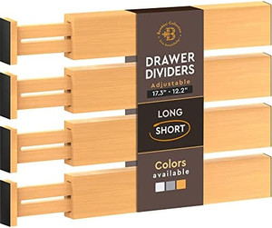 lot 46834 image: Adjustable Bamboo Drawer Dividers Organizers - Fits Standard Drawers Sized 12.2 Upto 17.3- Expandable Kitchen Drawer Organizer Separators for Utensils, Dresser, Clothes, Bedroom, Bathroom, 4pk - may not be exact stock photo