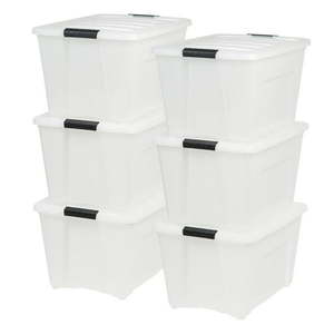 lot 46878 image: IRIS 53 Qt Stack & Pull Storage Lidded Container Box Bin System, Pearl (6 Count)