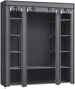 lot 46902 image: SONGMICS 59-Inch Portable Closet Wardrobe, Closet Storage Organizer with Shelves and Cover for Hanging Clothes, Non-Woven Fabric, Quick and Easy Assembly, Gray ULSF03G