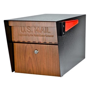 lot 46915 image: Mail Boss Curbside 7510 Mail Manager Locking Security Mailbox Black with Wood Grain Powder Coat