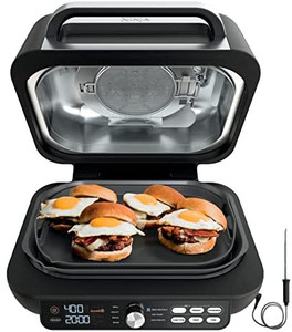 lot 47312 image: Ninja IG651 Foodi Smart XL Pro 7-in-1 Indoor GrillGriddle Combo, use Opened or Closed, with Griddle, Air Fry, Dehydrate & More, Pro Power Grate, Flat Top Griddle, Crisper, Smart Thermometer, Black power Cord is bent side is cracked