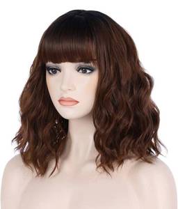 lot 31094 image: BERON 14 Inches Black Brown Ombre Wig Short Curly Wig with Bangs Brown Wig Synthetic Wigs Women Girls Ombre Wig with Wig Cap