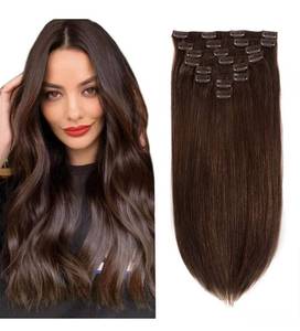 lot 31096 image: Clip in Hair Extensions Human Hair 14 Dark Bown 100% Real Human Hair Extensions Clip on Soft Silky for Women Human (14inch #2Dark Brown)