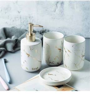 lot 31117 image: Marble Bathroom Accessories Set,4 Piece Toothbrush Holder Set Bath Accessories Set with Soap Dispenser, Toothbrush Holder, Tumbler, Soap Dish (Four Piece, White)