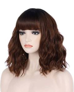 lot 31128 image: BERON 14 Inches Black Brown Ombre Wig Short Curly Wig with Bangs Brown Wig Synthetic Wigs Women Girls Ombre Wig with Wig Cap
