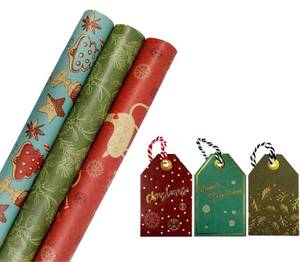 lot 32806 image: K-Kraft Vintage Prints Christmas Kraft Wrapping Paper Sets - 112.5 Square feet per Set (Reindeer-Mistletoe-SodaShoppe with Tags) - Lot of 2
