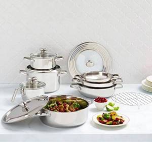 lot 32826 image: $$ Wolfgang Puck 13-piece Stainless Steel Cookware Set, Silver