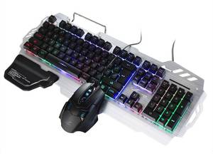 lot 32830 image: Gaming Keyboard and Mouse Combo -Wired Backlit Rainbow Ergonomic Mechanical Feeling Led Removable Hand Rest Metal Panel