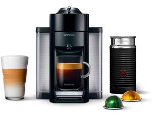 lot 32831 image: $$ Nespresso Vertuo Coffee and Espresso Maker by DeLonghi, Piano Black with Aeroccino Milk Frother