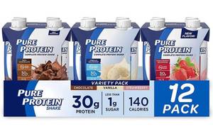 lot 32837 image: Pure Protein Variety Pack Protein Shake  30g Complete Protein  Keto-Friendly RTDs  Chocolate, Vanilla, Strawberry  Vitamins A, C, D & E plus Zinc Support Immune Health  11oz Bottles  12 Pack
