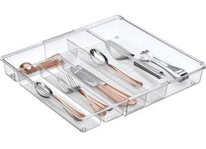 lot 32839 image: mDesign Adjustable, Expandable Plastic Kitchen Cabinet Drawer Storage Organizer Tray - 2 High - Clear
