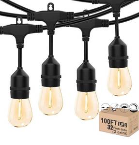 lot 32850 image: Outdoor String Lights LED 100FT Heavy-Duty Patio Lights String with 32 Dimmable Shatterproof Plastic Bulbs for Gazebo Pergola Bistro Lights Linkable