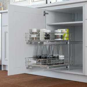 lot 31362 image: Home Zone Living Pull Out Cabinet Organizer 2-Tier Shelves 11 Width x 20 Depth Silver Model #VK40297U